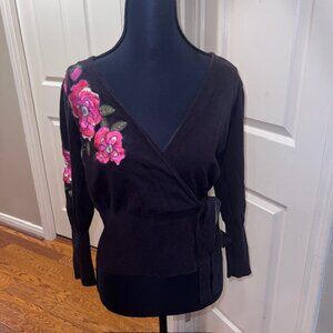French Designed Brown Wrap-Style Cardigan w Vibrant Pink Floral Embroidery (6/8)